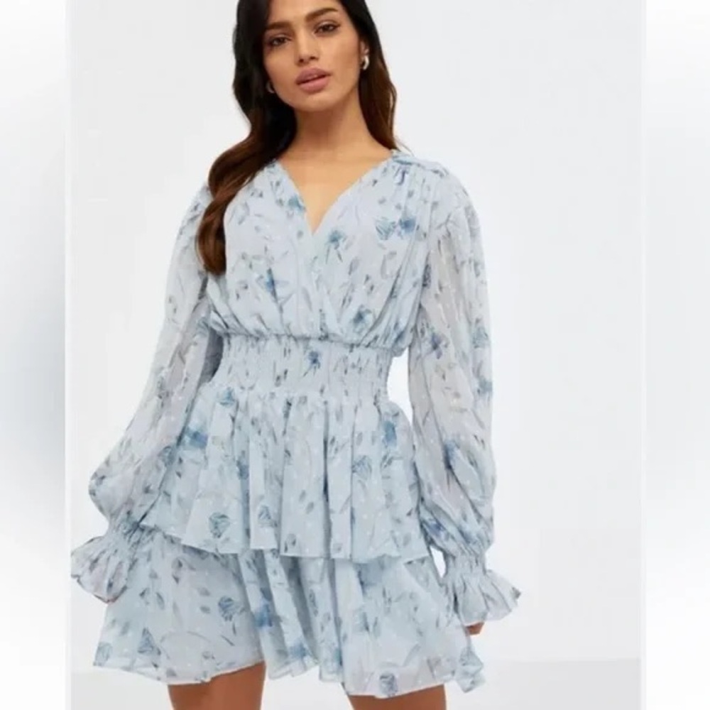 SIZE S Bardot Blue Tiered Ruffled V-Neck Sundress - Picture 1 of 6